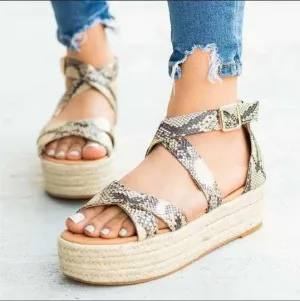 Chicvane Snakeskin Print Criss Cross Straps Espadrille Platform Sandals with Buckle