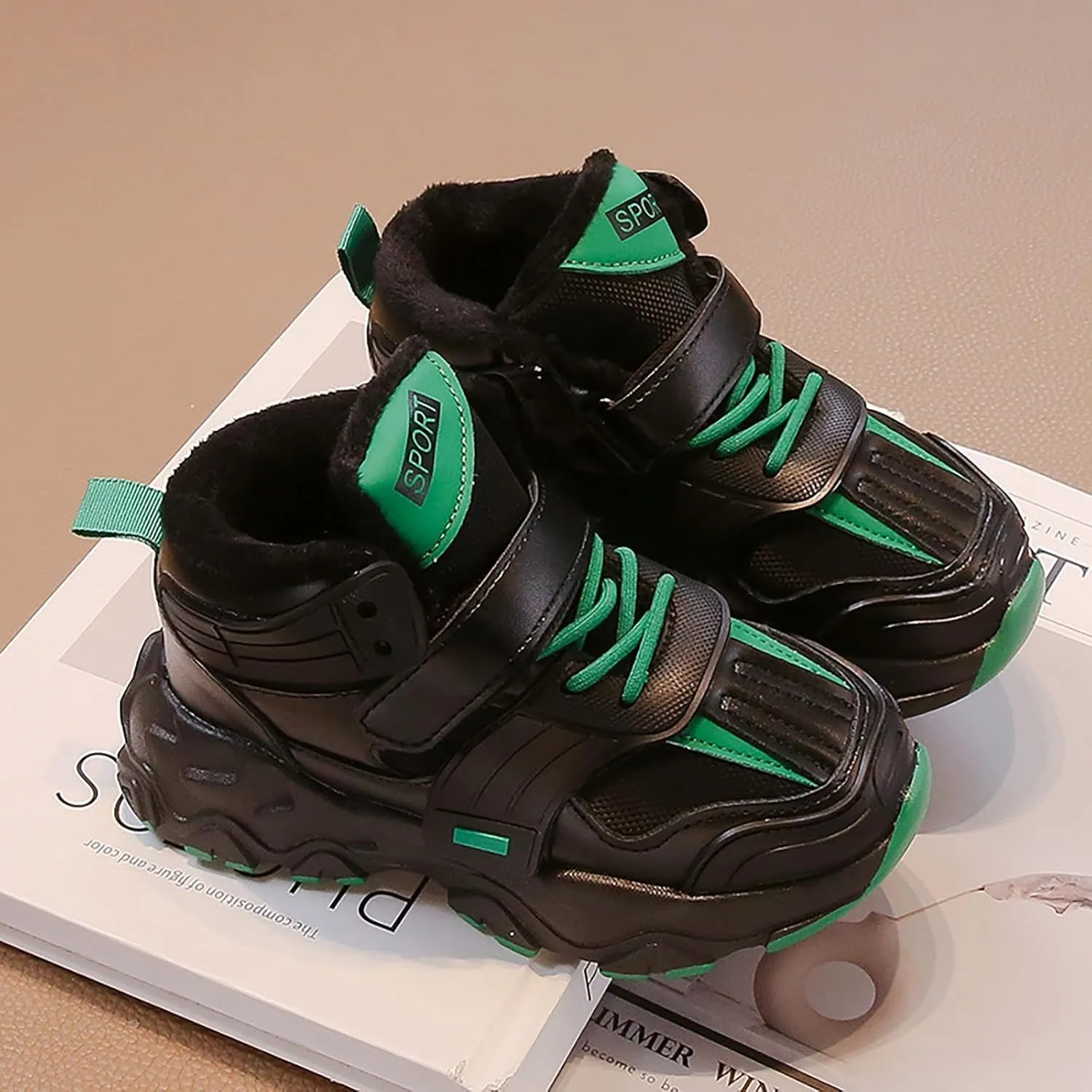 Childrens Chunky Sole Sneaker Fuzzy Lined Hook and Loops Fashion Non Slip Running Shoes Outdoor Boys Kids Warm Comfy