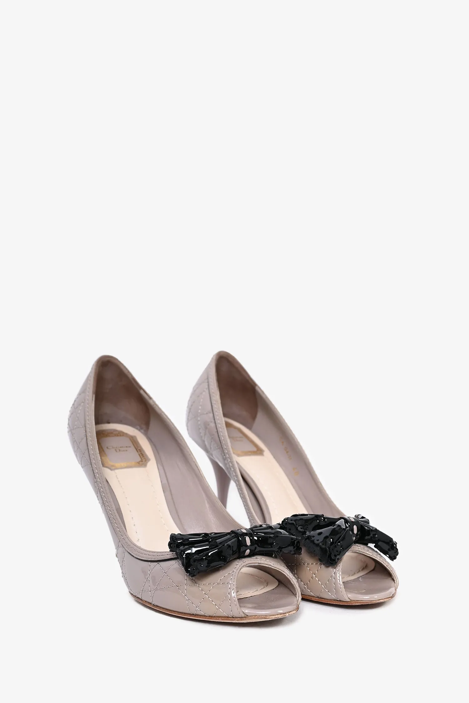 Christian Dior Taupe Cannage Patent Leather Peep Toe Bow Heels Size 40