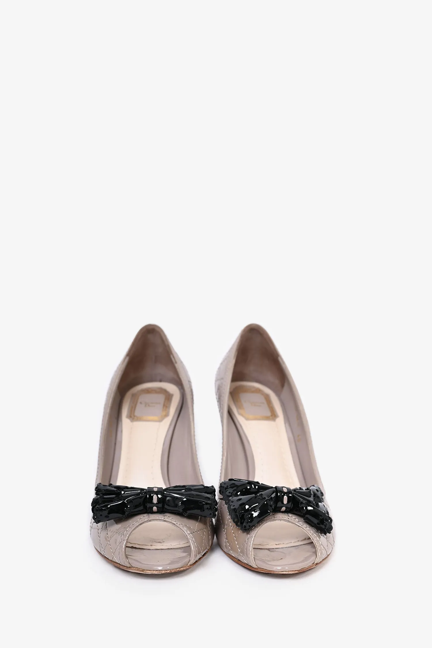 Christian Dior Taupe Cannage Patent Leather Peep Toe Bow Heels Size 40