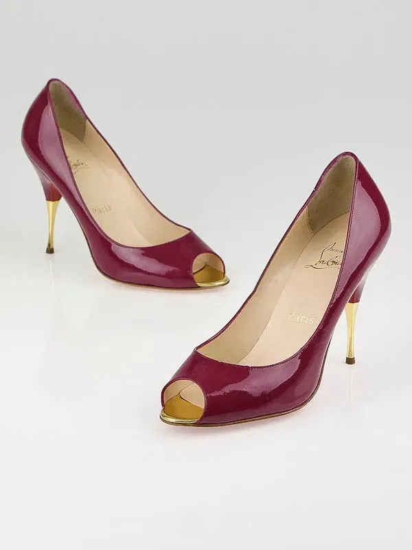 CHRISTIAN LOUBOUTIN BERRY PATENT LEATHER YOYOSPINA PEEP TOE PUMPS