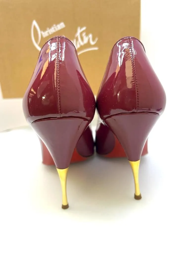 CHRISTIAN LOUBOUTIN BERRY PATENT LEATHER YOYOSPINA PEEP TOE PUMPS