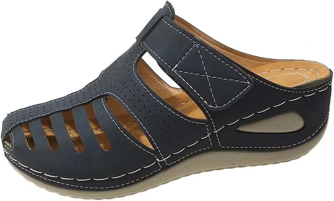 Closed Toe Sandals Women Wide Width Breathable Anti-Slip Orthopedic Sandals with Arch Support Hollow Out Platform Gladiator Buckle Strap Beach Shoes