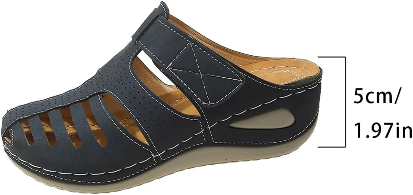 Closed Toe Sandals Women Wide Width Breathable Anti-Slip Orthopedic Sandals with Arch Support Hollow Out Platform Gladiator Buckle Strap Beach Shoes