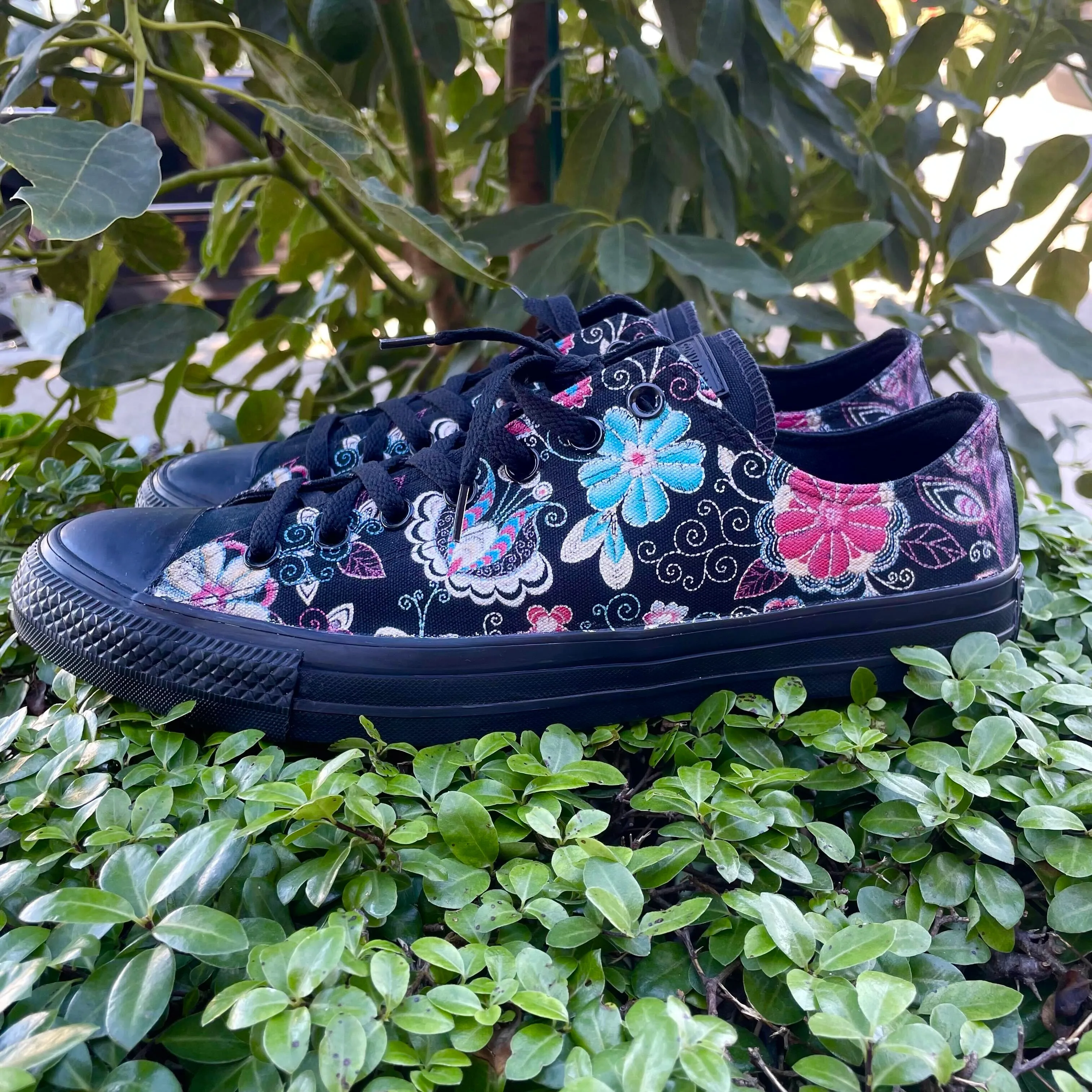 Custom Embroidered Style Print Black/Black Converse Low Top Chuck Taylor Shoes