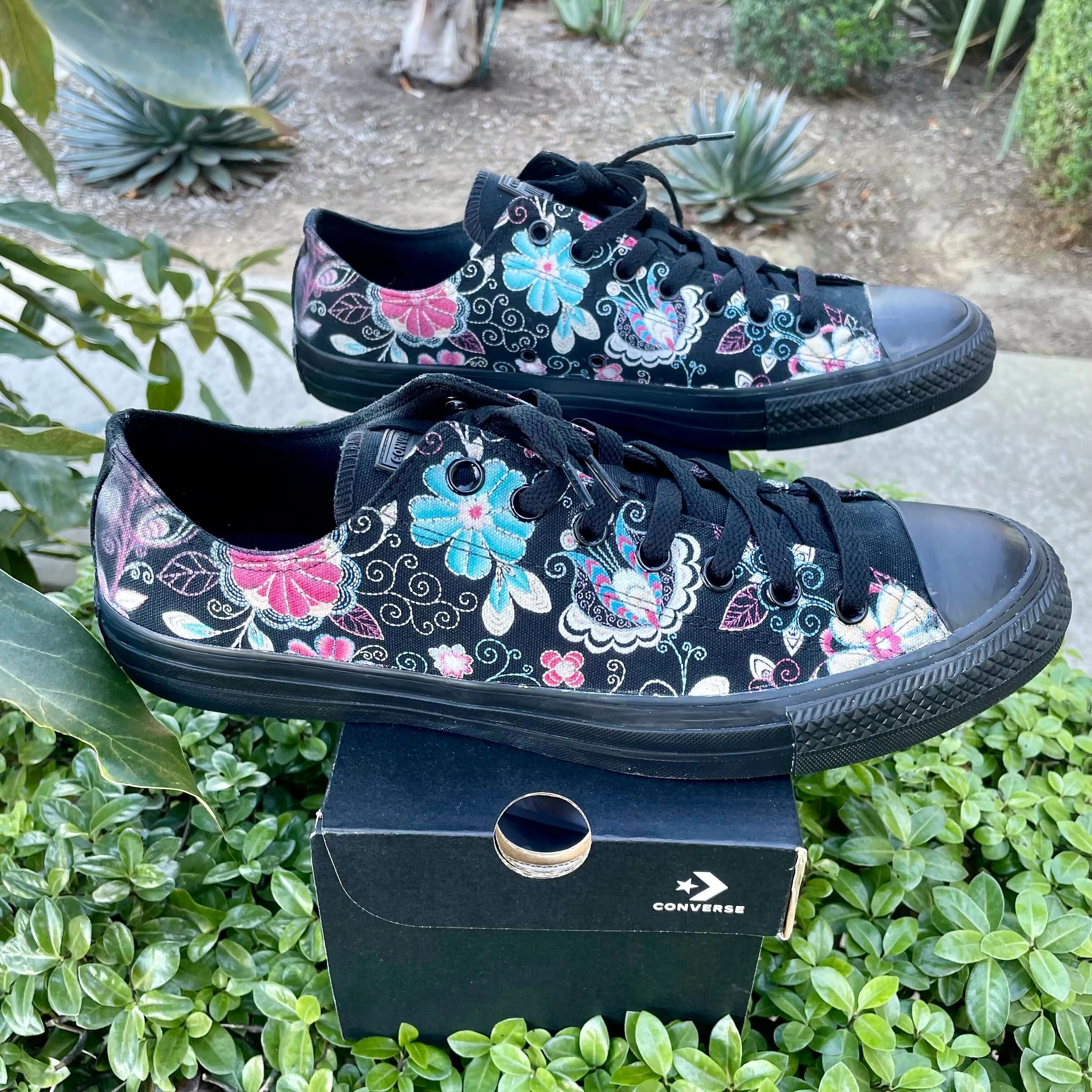 Custom Embroidered Style Print Black/Black Converse Low Top Chuck Taylor Shoes