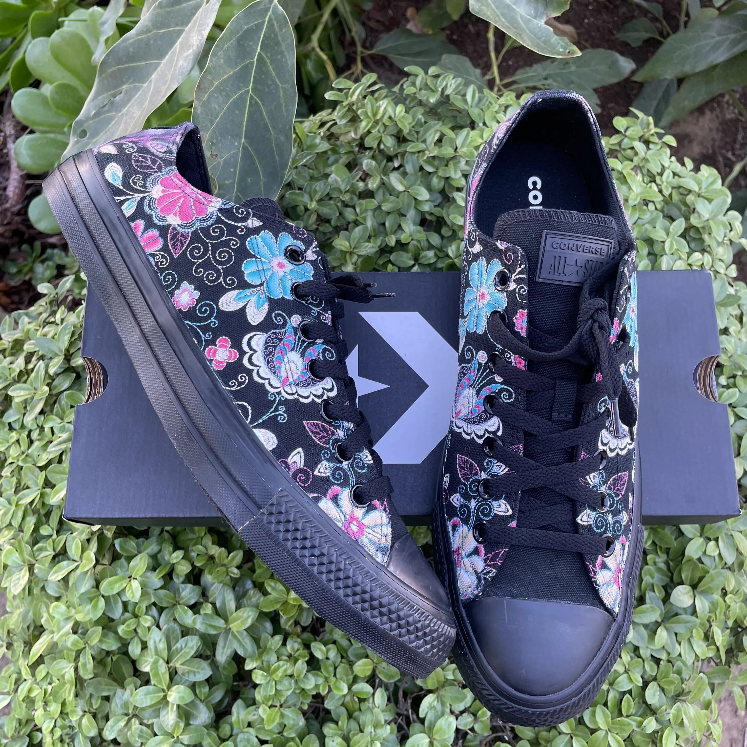 Custom Embroidered Style Print Black/Black Converse Low Top Chuck Taylor Shoes