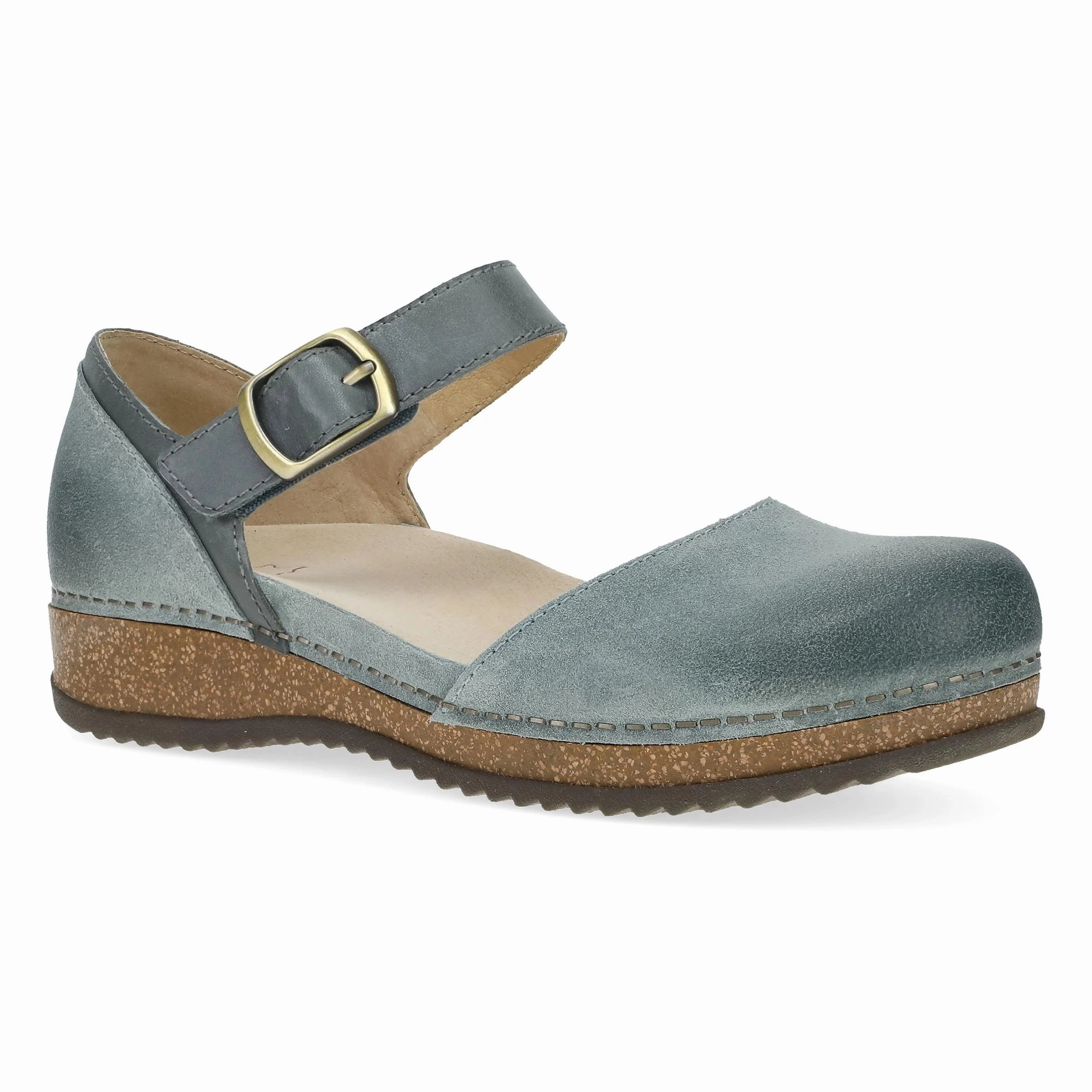 Dansko Women's Mae Mary Jane Clog - Denim Burnished Suede Ergo Tech Red Glow Lift Up