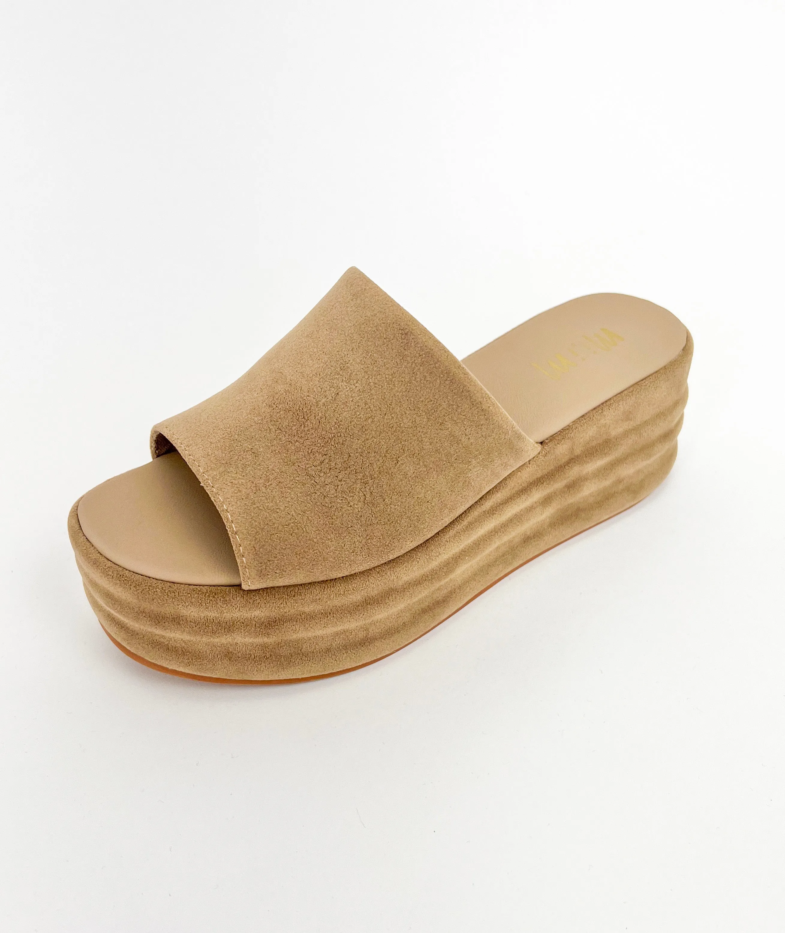 DAPHNE TAUPE SUEDE PLATFORM SLIDE SANDAL