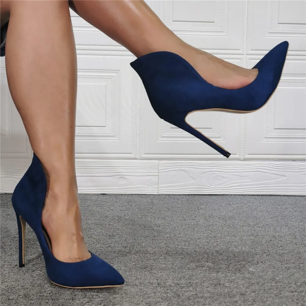 Dark Blue Suede Point Toe Slip On Ankle Pumps