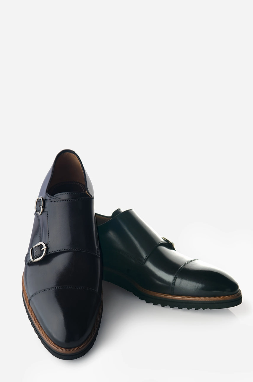 David August Leather Double Buckle Monk-Strap Shoes in Dark Black Nero Fondente Light material Warm Interior