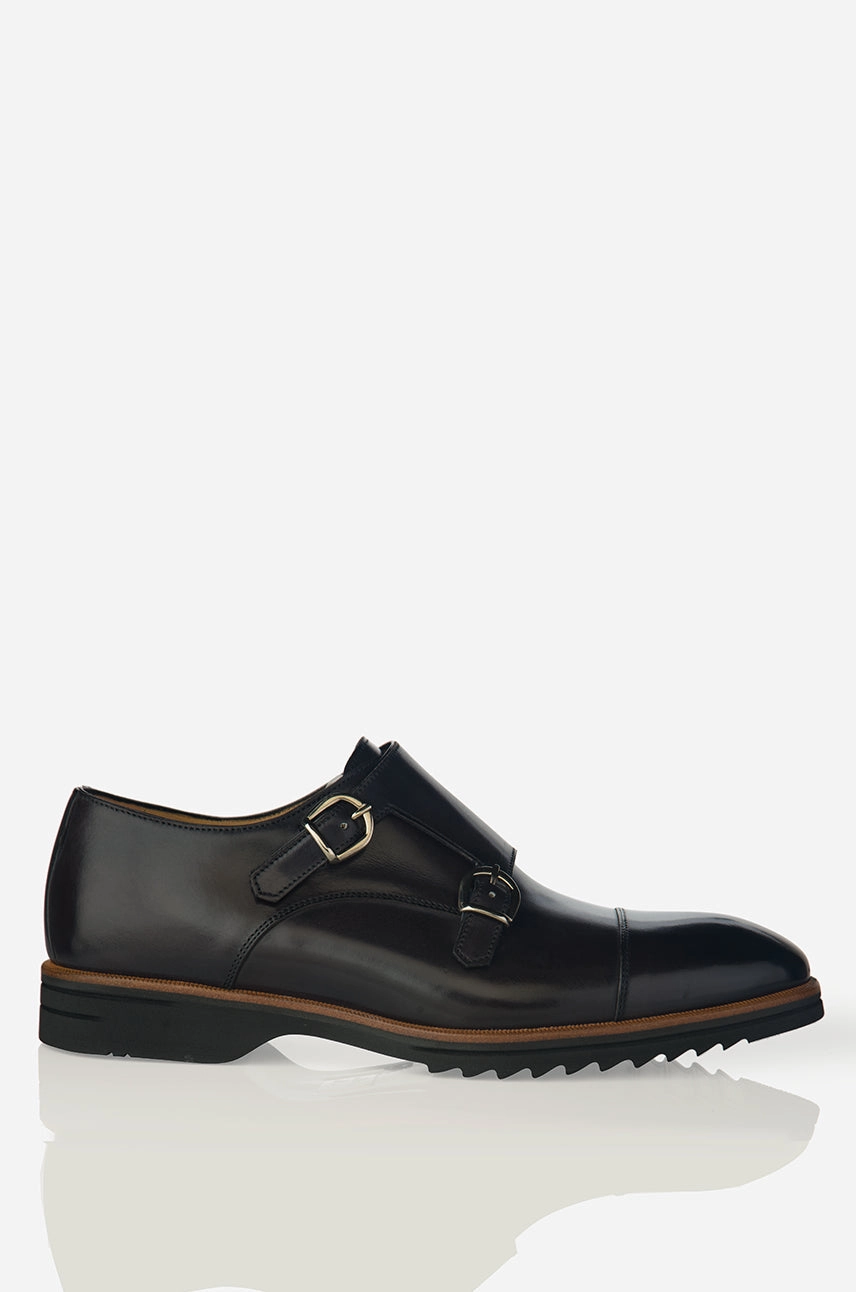 Full Support David August Leather Double Buckle Monk-Strap Shoes in Dark Black Nero Fondente