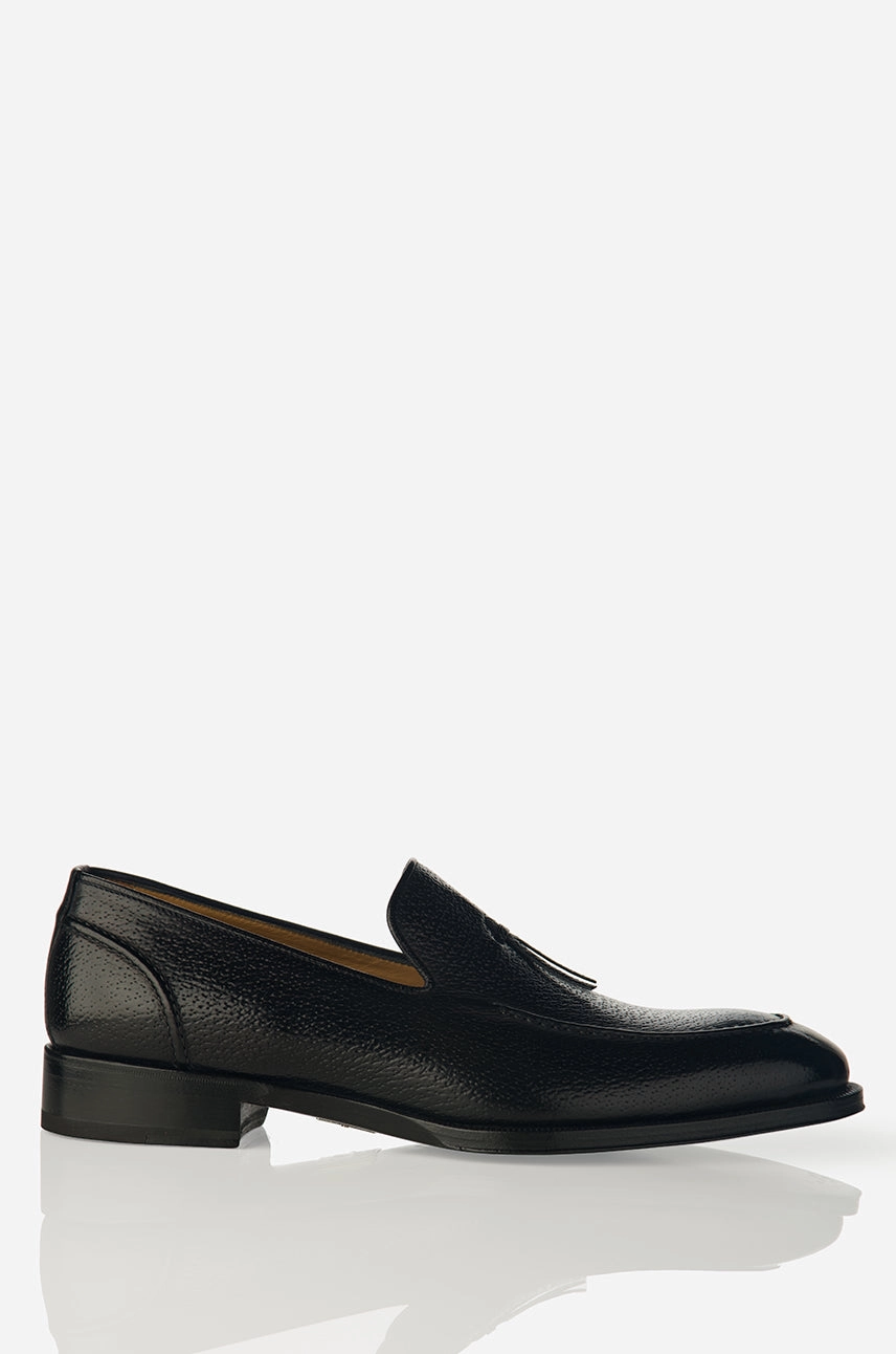 David August Pebble Grain Leather Belgian Loafer in Black Peccary Nero Plus Size