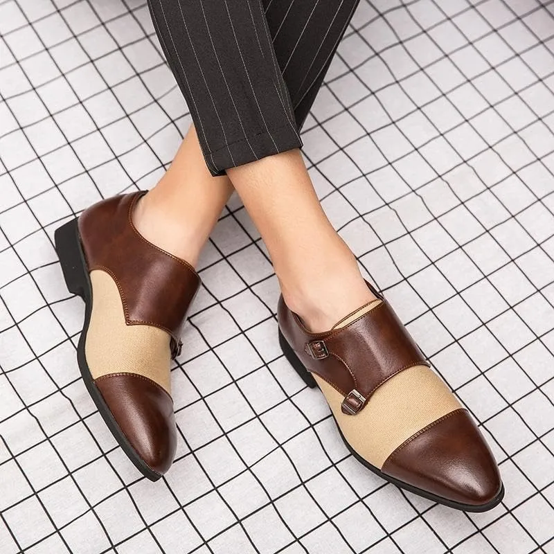 Dress Oxford for Men Slip On Double Monk Strap Cap Toe Artificial PU Slip Resistant Block Heel Anti-Slip Low Top Outdoor