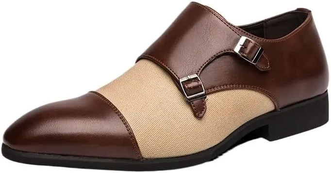 Dress Oxford for Men Slip On Double Monk Strap Cap Toe Artificial PU Slip Resistant Block Heel Anti-Slip Low Top Outdoor