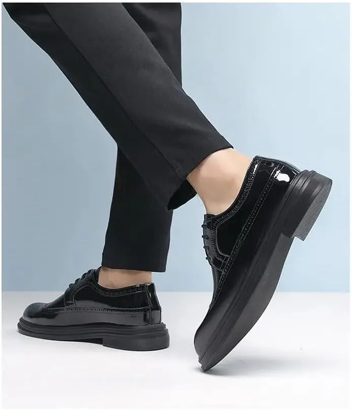 Dress Oxford Formal Shoes for Men Lace Up Pointed Toe Brogue Embossed Wingtips Patent Leather Derby Shoes Low Top Non Slip Block Heel Slip Resistant