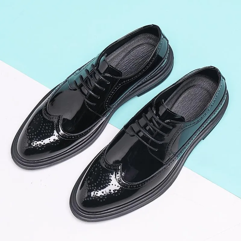 Dress Oxford Formal Shoes for Men Lace Up Pointed Toe Brogue Embossed Wingtips Patent Leather Derby Shoes Low Top Non Slip Block Heel Slip Resistant