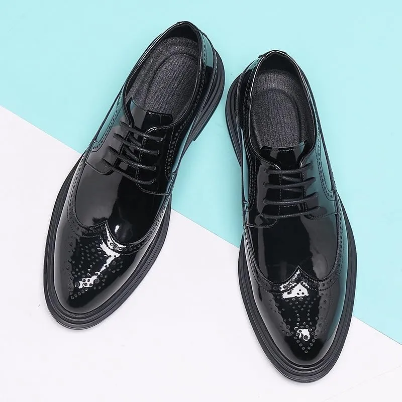 Dress Oxford Formal Shoes for Men Lace Up Pointed Toe Brogue Embossed Wingtips Patent Leather Derby Shoes Low Top Non Slip Block Heel Slip Resistant
