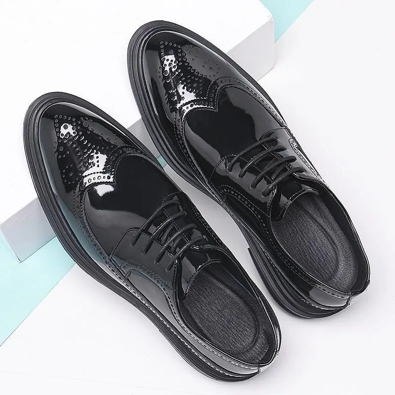 Dress Oxford Formal Shoes for Men Lace Up Pointed Toe Brogue Embossed Wingtips Patent Leather Derby Shoes Low Top Non Slip Block Heel Slip Resistant
