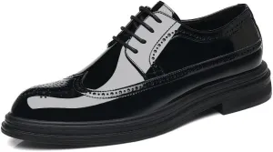 Dress Oxford Formal Shoes for Men Lace Up Pointed Toe Brogue Embossed Wingtips Patent Leather Derby Shoes Low Top Non Slip Block Heel Slip Resistant