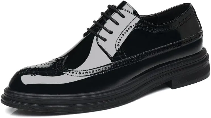 Dress Oxford Formal Shoes for Men Lace Up Pointed Toe Brogue Embossed Wingtips Patent Leather Derby Shoes Low Top Non Slip Block Heel Slip Resistant