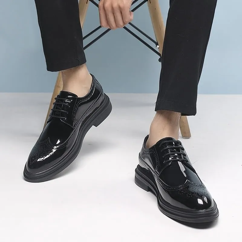 Dress Oxford Formal Shoes for Men Lace Up Pointed Toe Brogue Embossed Wingtips Patent Leather Derby Shoes Low Top Non Slip Block Heel Slip Resistant