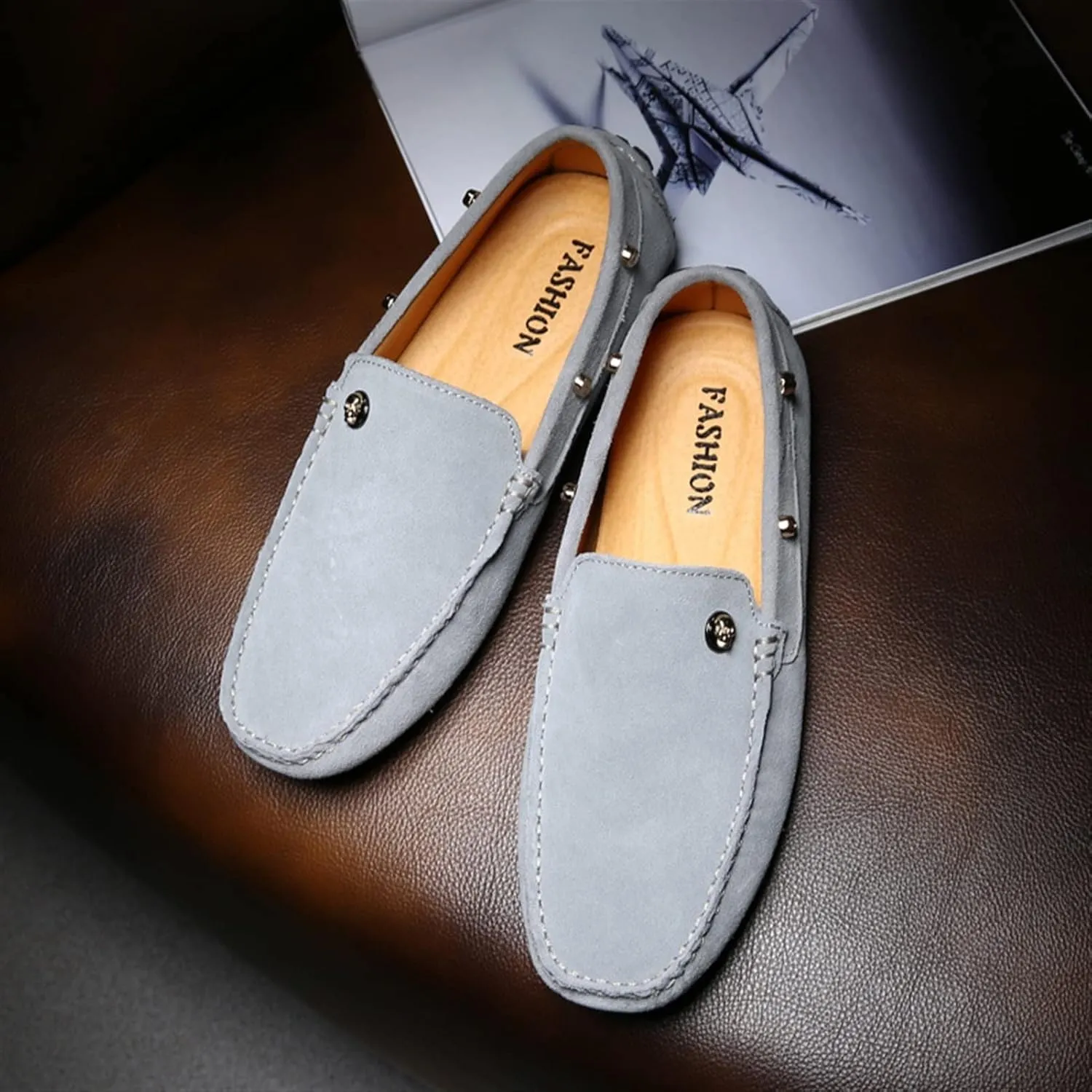 Driving Moccasins for Men Suede Vamp with Rivet Stitching Details Genuine Leather Round Toe Flat Heel Flexible Soft Resistant Driving Slip On for Any Attire