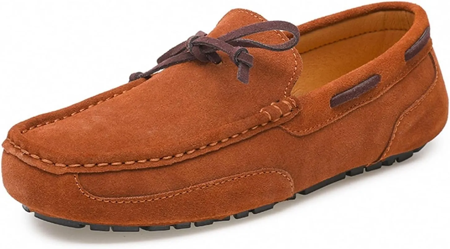 Driving Moccasins Smoking Loafer for Men Suede Vamp Stitching Details Deck Shoes Plain Toe Genuine Leather Resistant Flexible Flat Heel Soft Driving for Any Attire