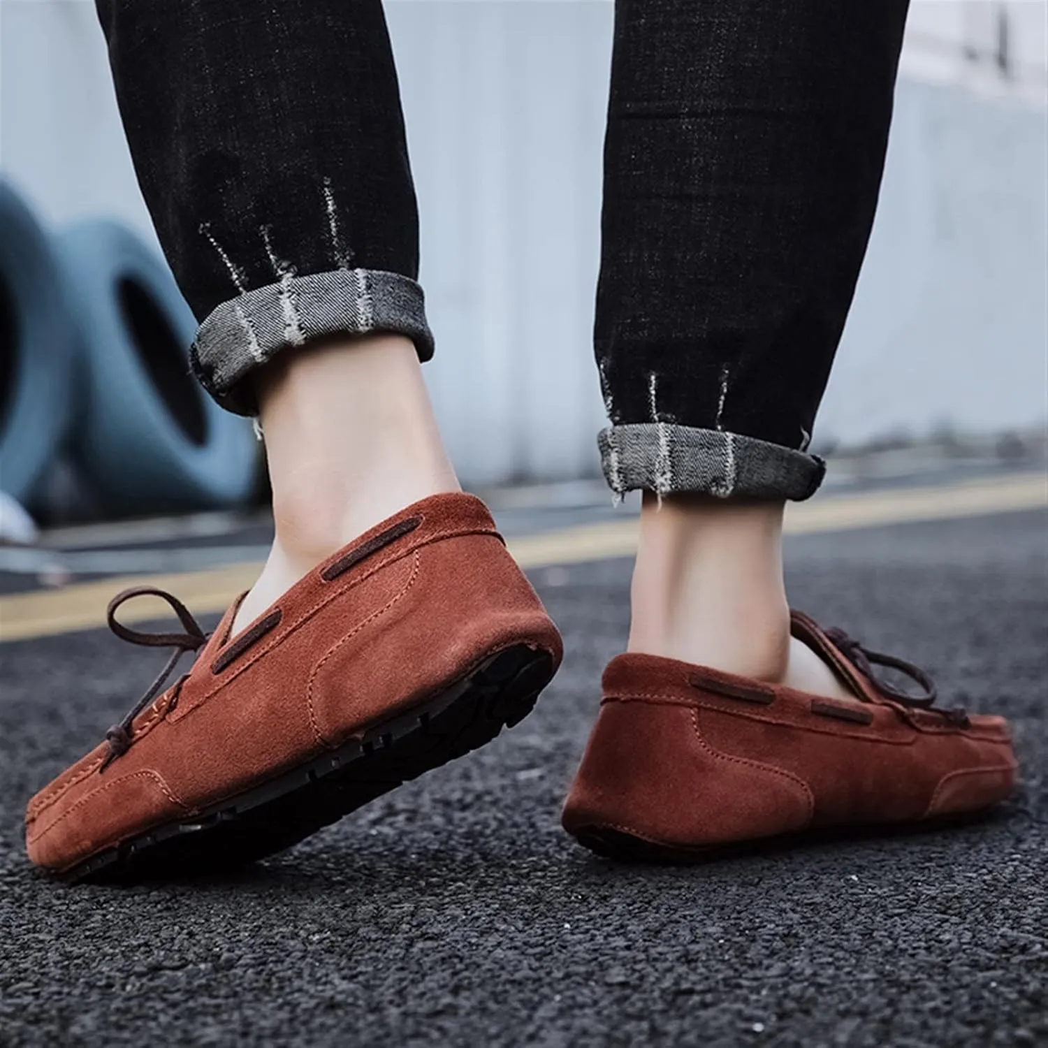 Driving Moccasins Smoking Loafer for Men Suede Vamp Stitching Details Deck Shoes Plain Toe Genuine Leather Resistant Flexible Flat Heel Soft Driving for Any Attire