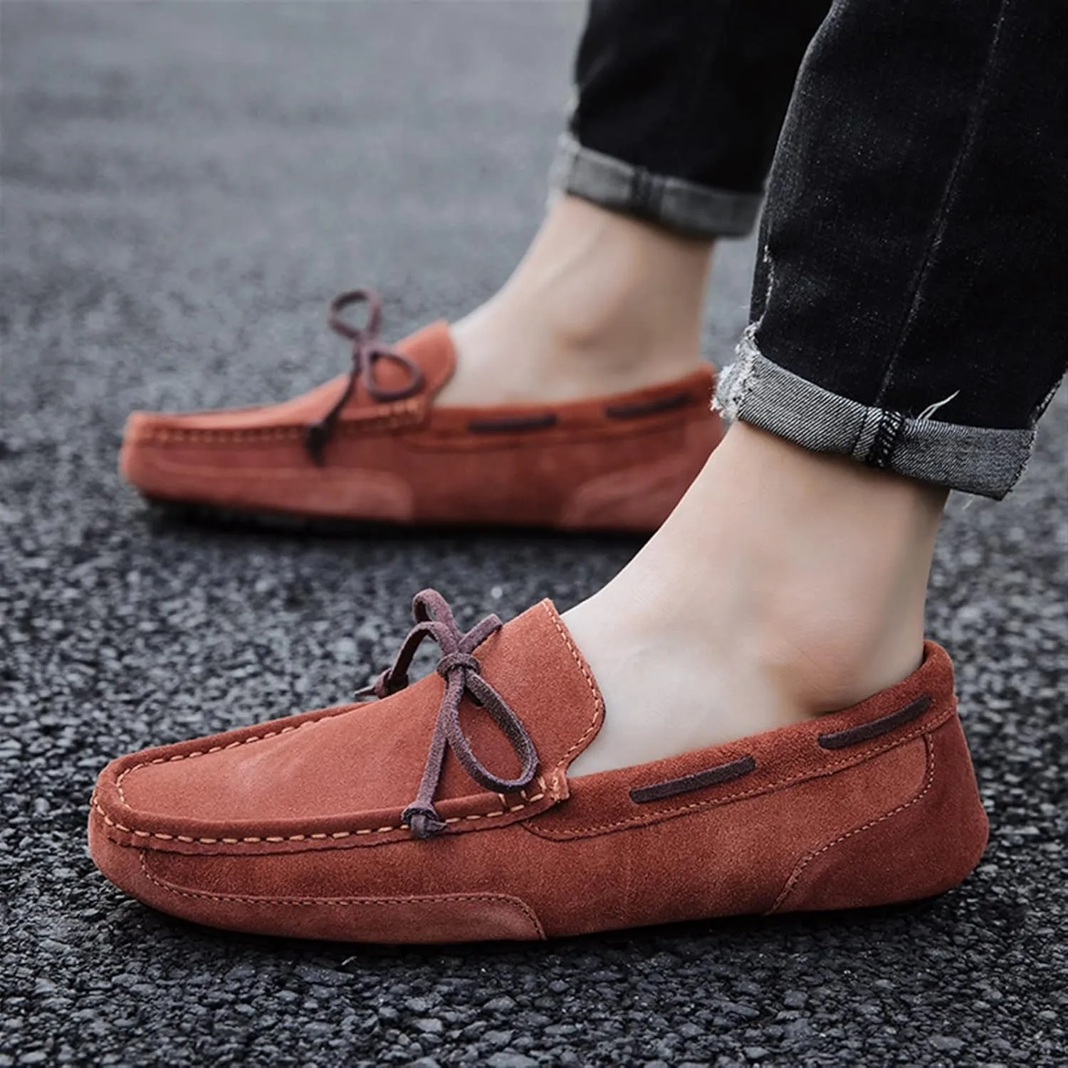 Driving Moccasins Smoking Loafer for Men Suede Vamp Stitching Details Deck Shoes Plain Toe Genuine Leather Resistant Flexible Flat Heel Soft Driving for Any Attire