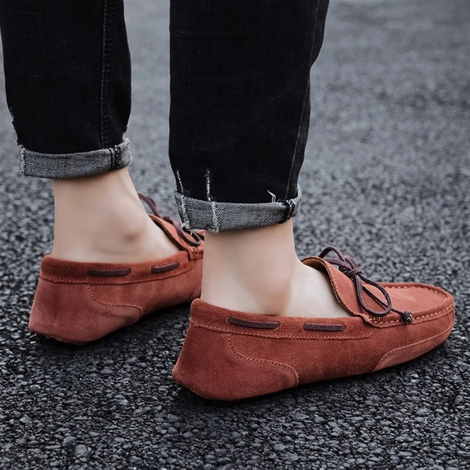 Driving Moccasins Smoking Loafer for Men Suede Vamp Stitching Details Deck Shoes Plain Toe Genuine Leather Resistant Flexible Flat Heel Soft Driving for Any Attire