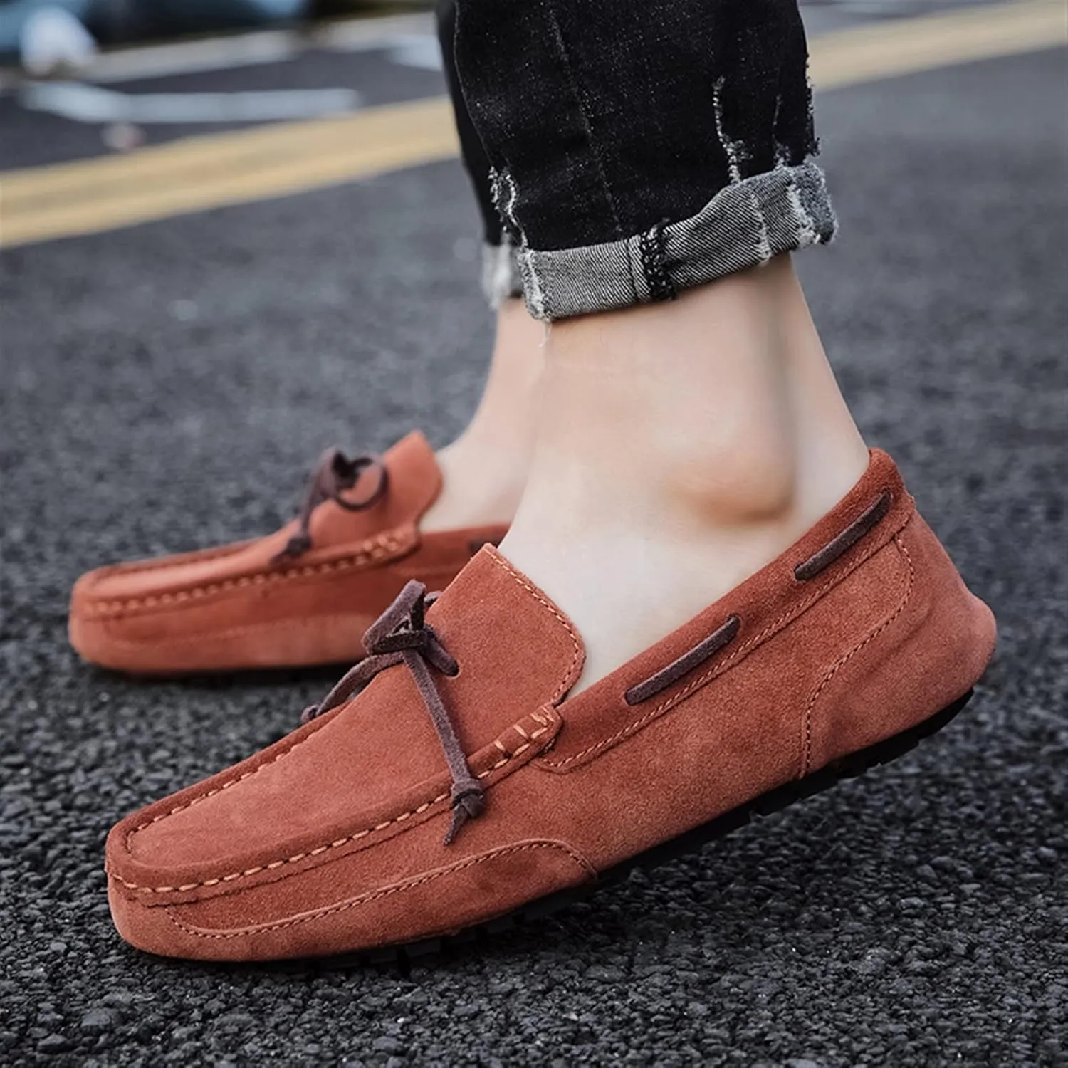 Driving Moccasins Smoking Loafer for Men Suede Vamp Stitching Details Deck Shoes Plain Toe Genuine Leather Resistant Flexible Flat Heel Soft Driving for Any Attire