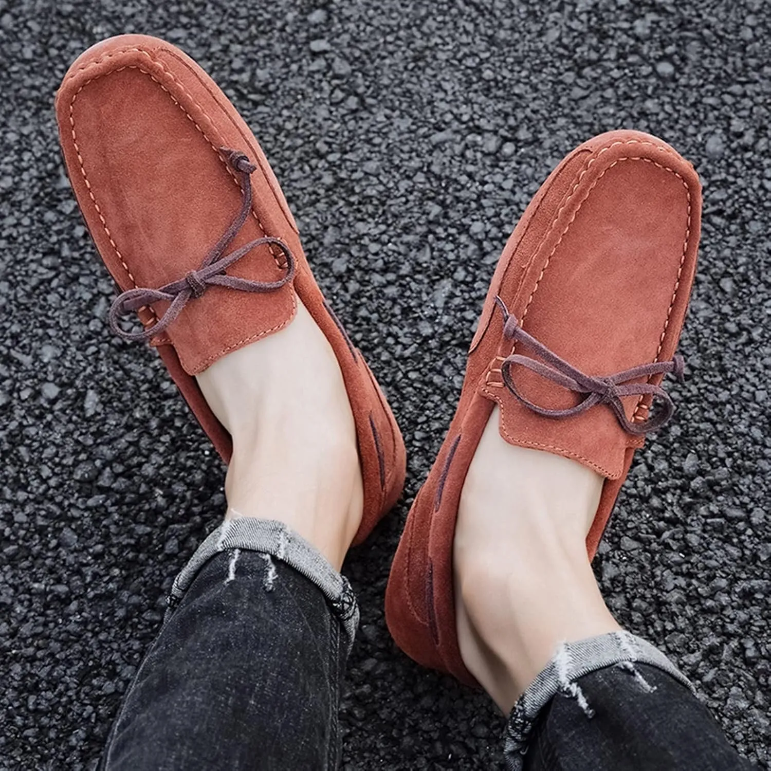 Driving Moccasins Smoking Loafer for Men Suede Vamp Stitching Details Deck Shoes Plain Toe Genuine Leather Resistant Flexible Flat Heel Soft Driving for Any Attire