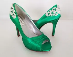 Emerald Green Wedding Shoes with Crystal Design on Heel