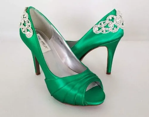Emerald Green Wedding Shoes with Crystal Design on Heel