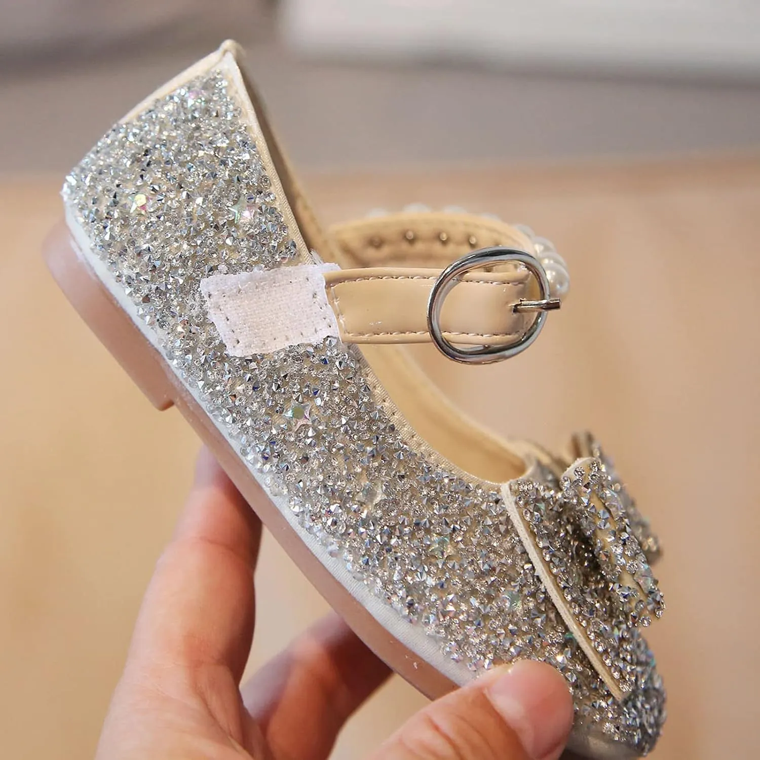 Fashion Autumn Girls Casual Shoes Rhinestone Sequin Bow Buckle Dress Shoes Dance Shoes Cute Shoes (Silver, 5.5-6 Years)