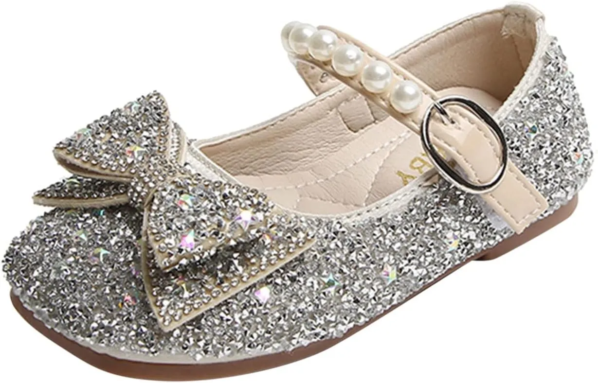 Fashion Autumn Girls Casual Shoes Rhinestone Sequin Bow Buckle Dress Shoes Dance Shoes Cute Shoes (Silver, 5.5-6 Years)