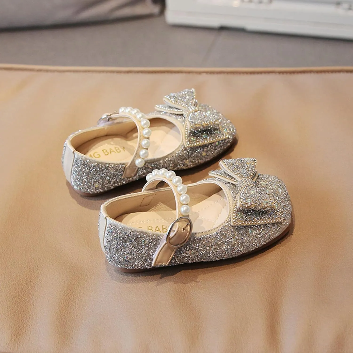 Fashion Autumn Girls Casual Shoes Rhinestone Sequin Bow Buckle Dress Shoes Dance Toddler Shoes (Silver, 2.5-3 Years)