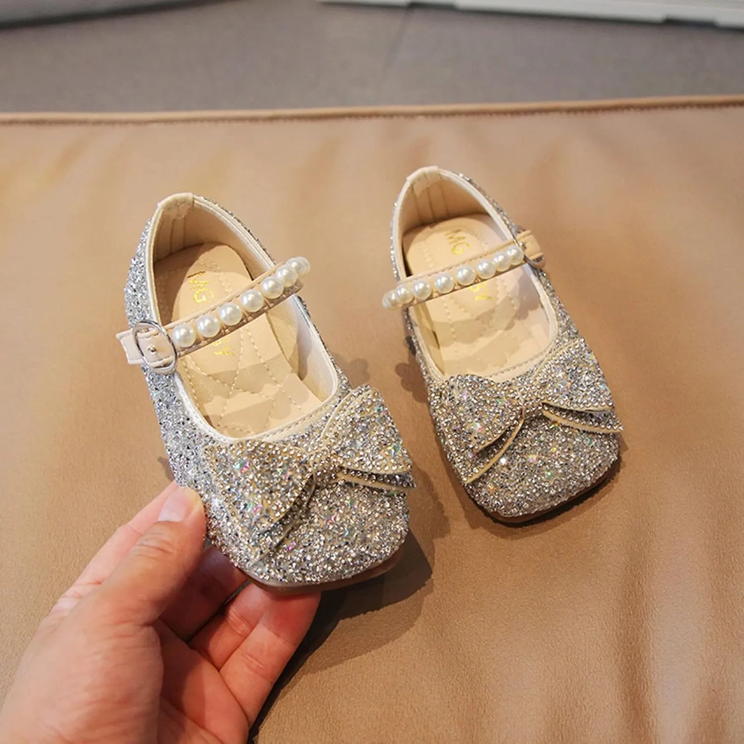 Fashion Autumn Girls Casual Shoes Rhinestone Sequin Bow Buckle Dress Shoes Dance Toddler Shoes (Silver, 2.5-3 Years)