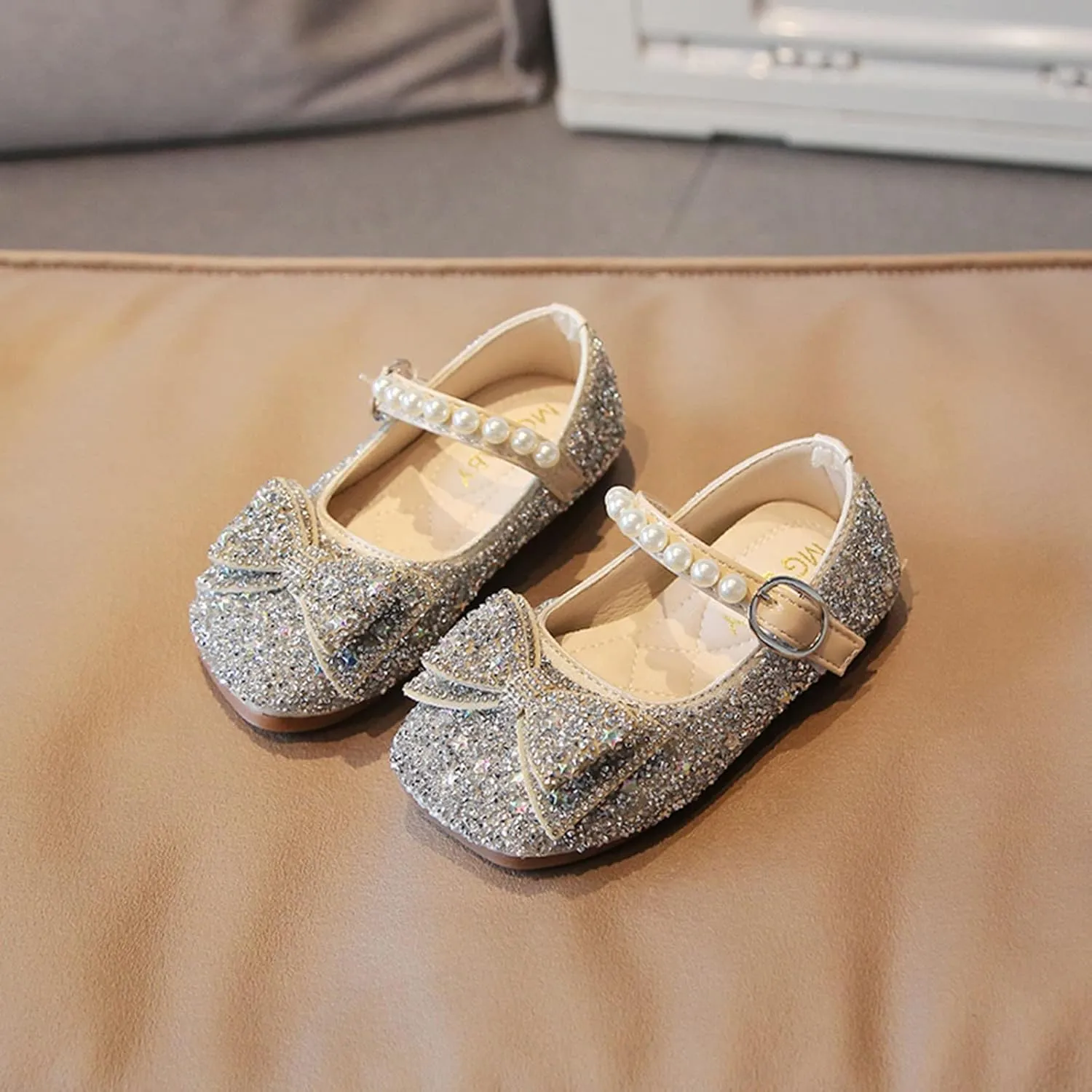 Fashion Autumn Girls Casual Shoes Rhinestone Sequin Bow Buckle Dress Shoes Dance Toddler Shoes (Silver, 2.5-3 Years)