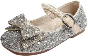 Fashion Autumn Girls Casual Shoes Rhinestone Sequin Bow Buckle Dress Shoes Dance Toddler Shoes (Silver, 2.5-3 Years)