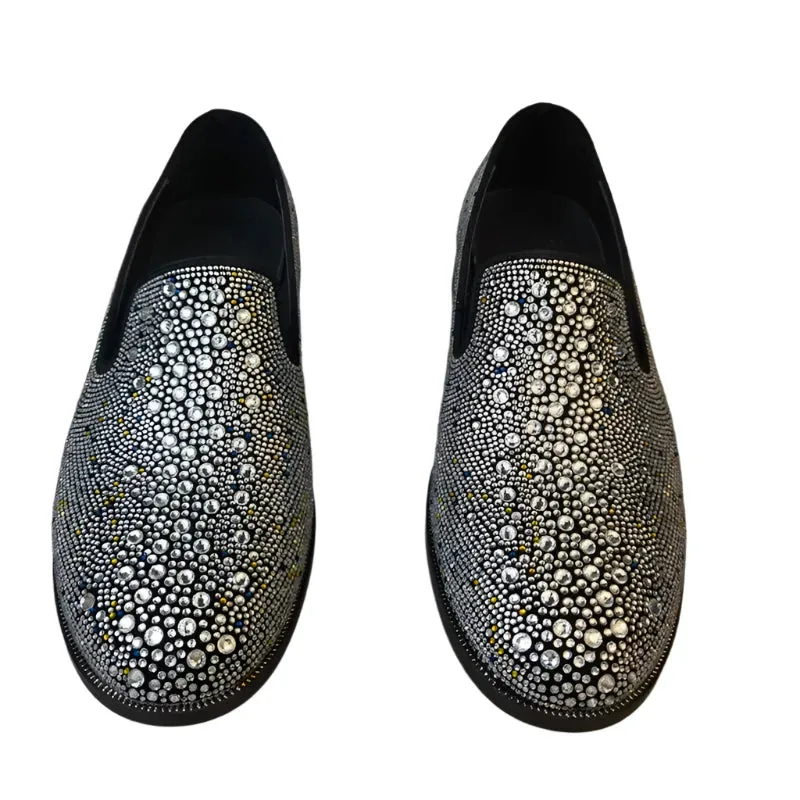 Fashion Men’s Rhinestone Loafers – Luxury Italian Leather Slip-Ons, Designer Crystal Dress Shoes