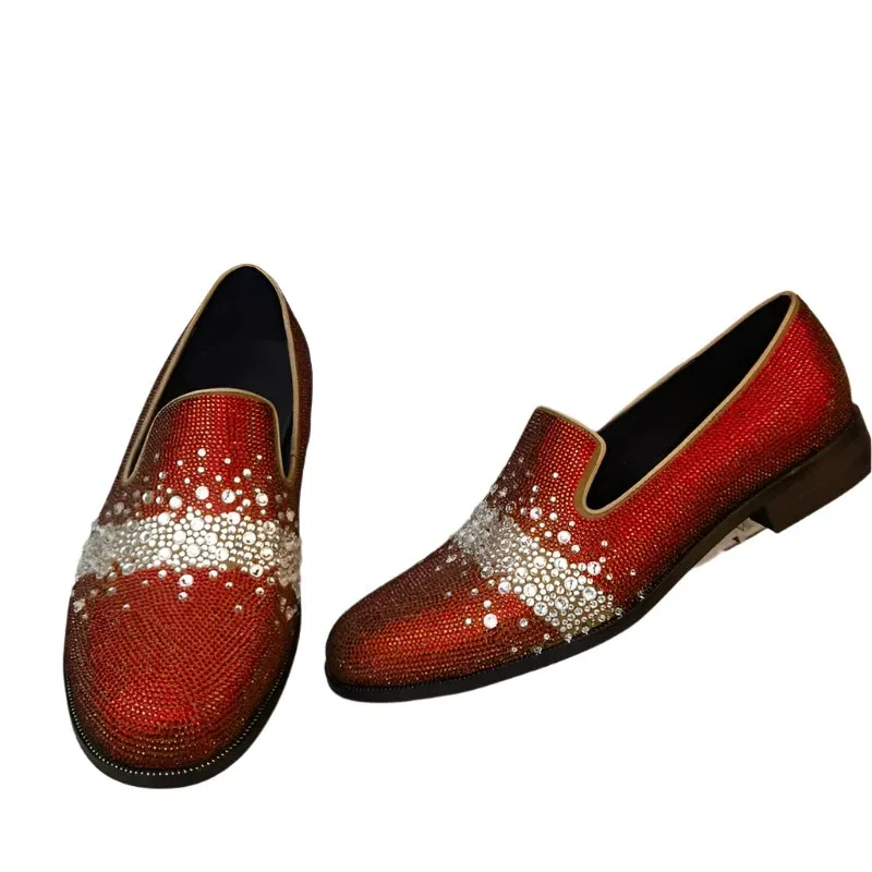 Fashion Men’s Rhinestone Loafers – Luxury Italian Leather Slip-Ons, Designer Crystal Dress Shoes
