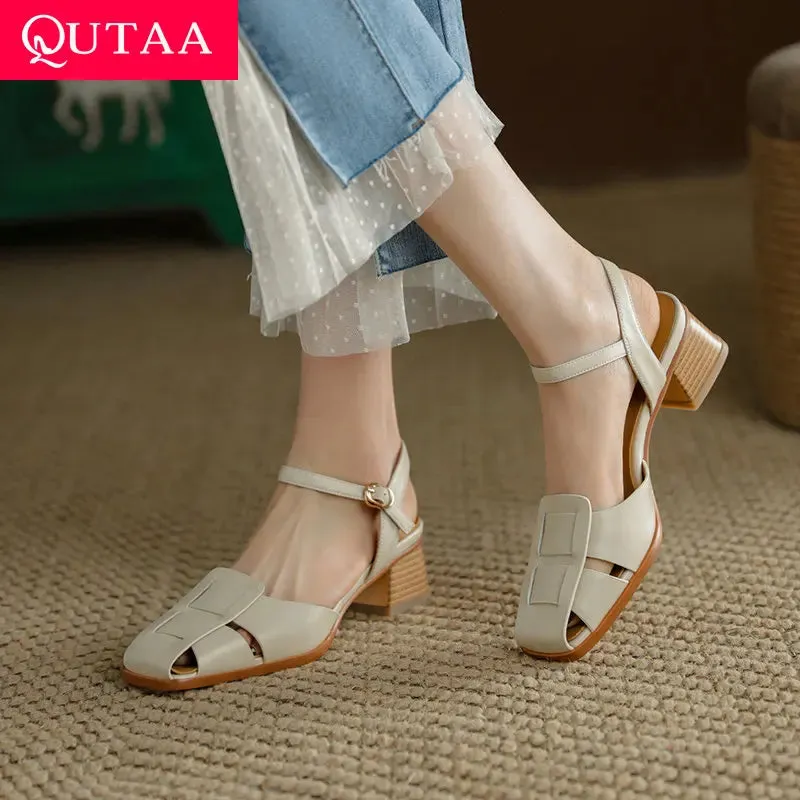 Genuine Leather Med Heel Platform Ankle Strap Buckle Sandals