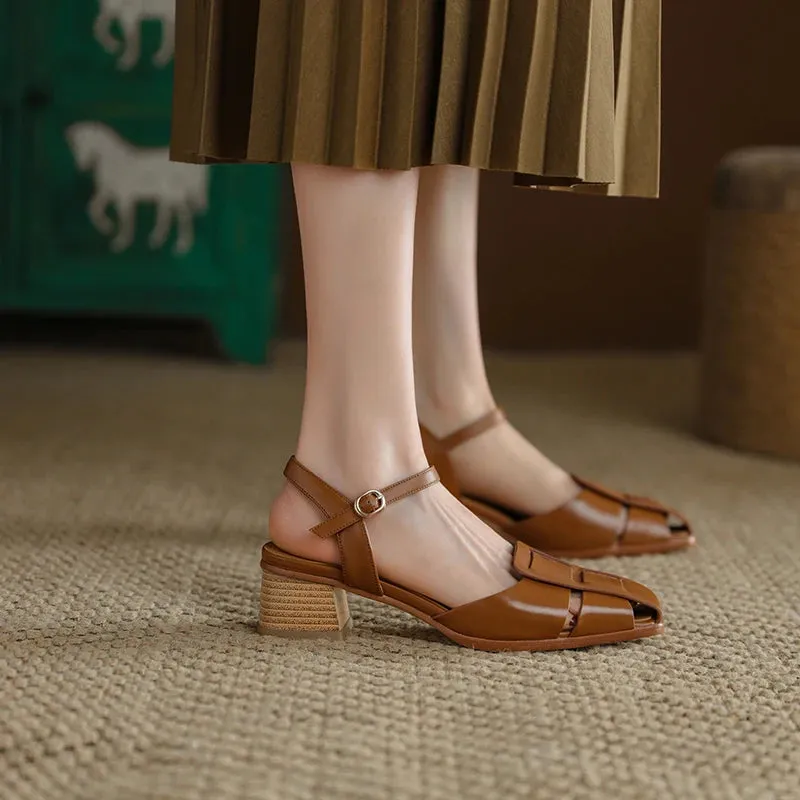 Genuine Leather Med Heel Platform Ankle Strap Buckle Sandals