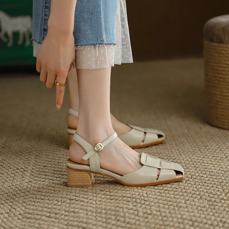 Genuine Leather Med Heel Platform Ankle Strap Buckle Sandals