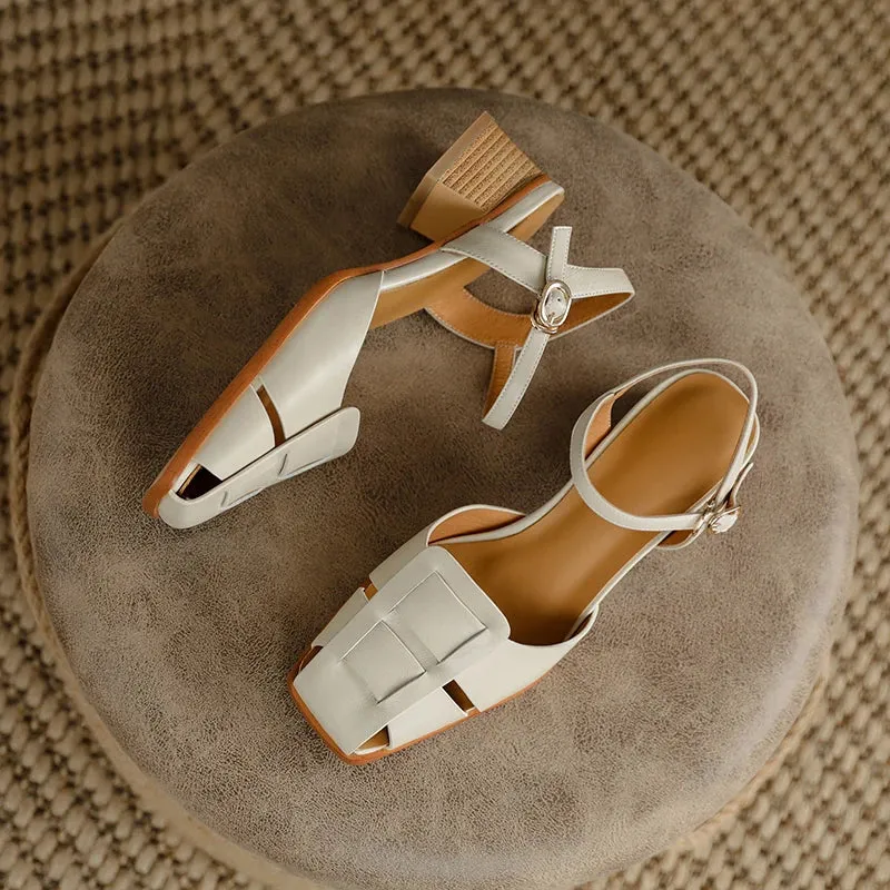 Genuine Leather Med Heel Platform Ankle Strap Buckle Sandals