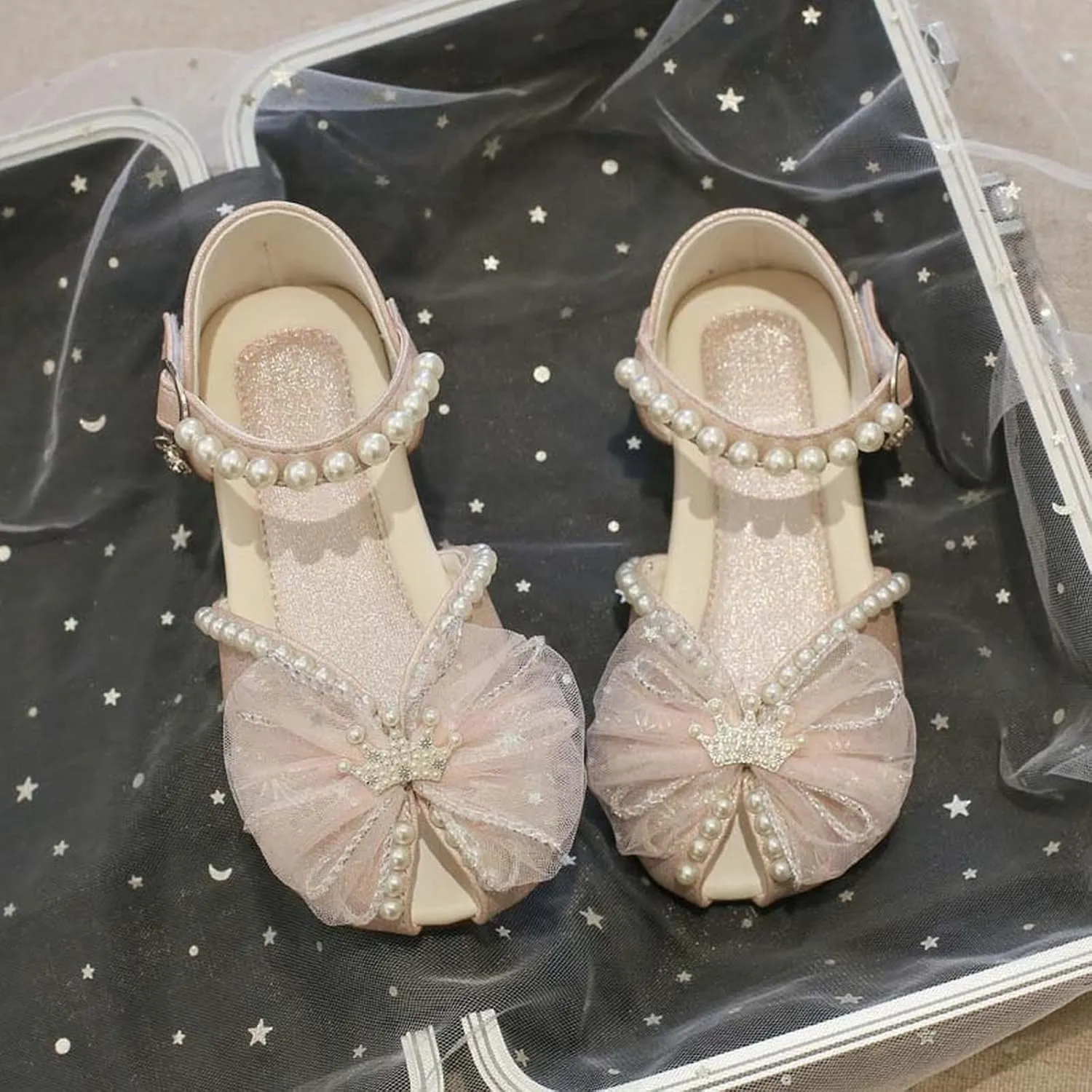Girls Dress Shoes Mesh Bow Pearl Mary Jane Shoes Ballerina with Satin Ankle Tie for Wedding Toddler Water Sandals