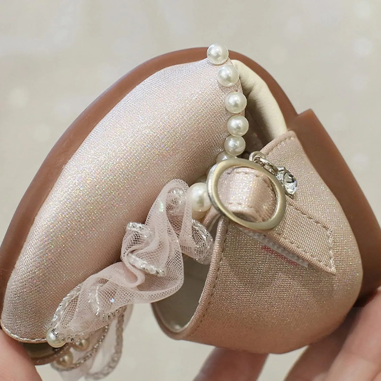 Girls Dress Shoes Mesh Bow Pearl Mary Jane Shoes Ballerina with Satin Ankle Tie for Wedding Toddler Water Sandals