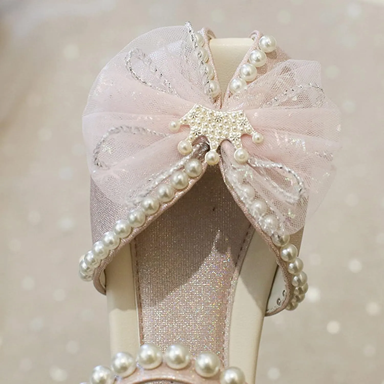 Girls Dress Shoes Mesh Bow Pearl Mary Jane Shoes Ballerina with Satin Ankle Tie for Wedding Toddler Water Sandals